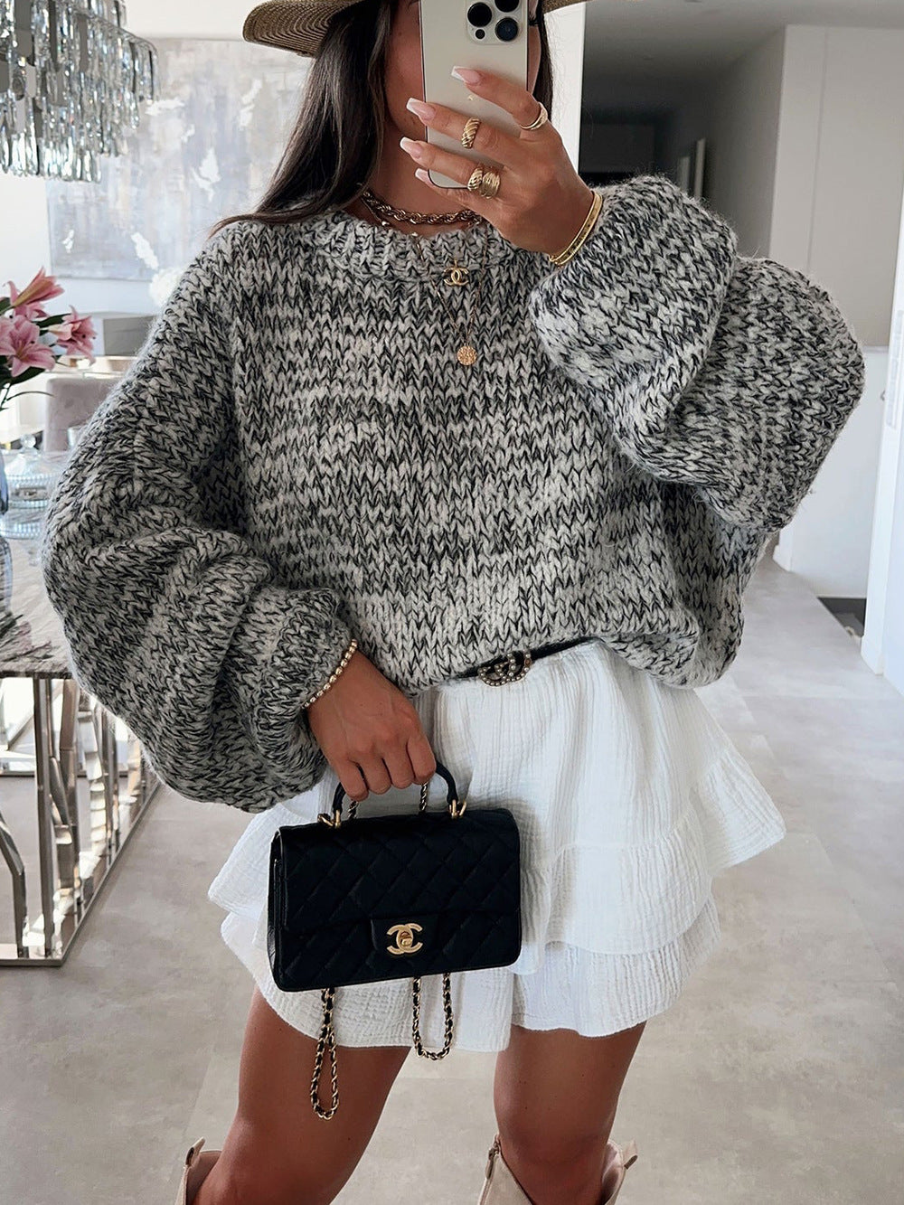 Damen kuscheliger Strickpullover mit voluminösen Ärmeln Drune