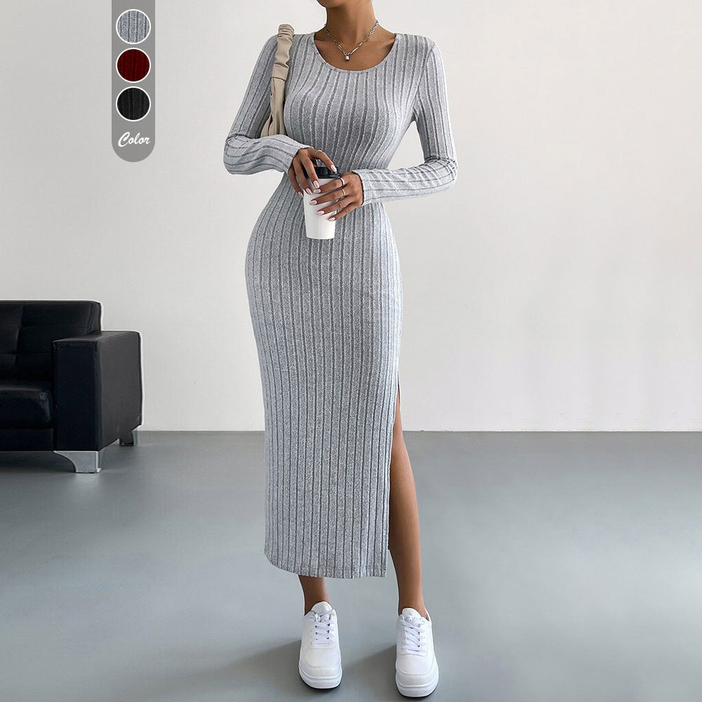 Damen Strickmaxikleid mit langen Ärmeln und seitlichem Schlitz Drune