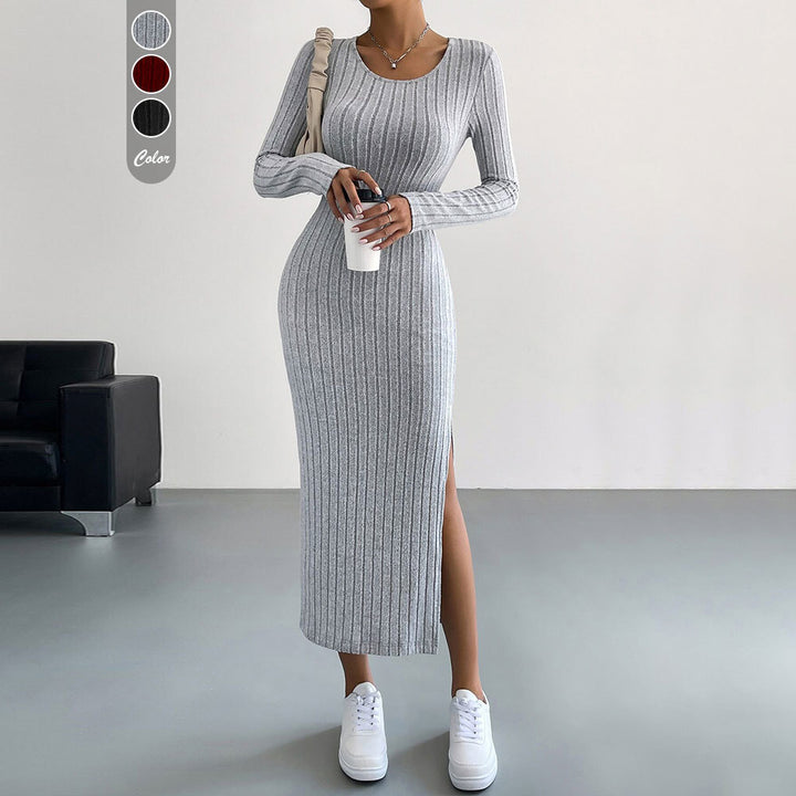 Damen Strickmaxikleid mit langen Ärmeln und seitlichem Schlitz Drune