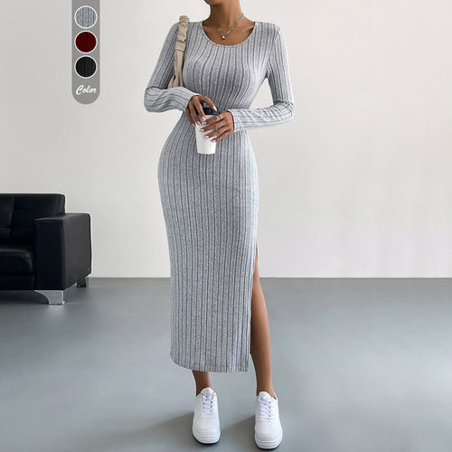 Damen Strickmaxikleid mit langen Ärmeln und seitlichem Schlitz Drune
