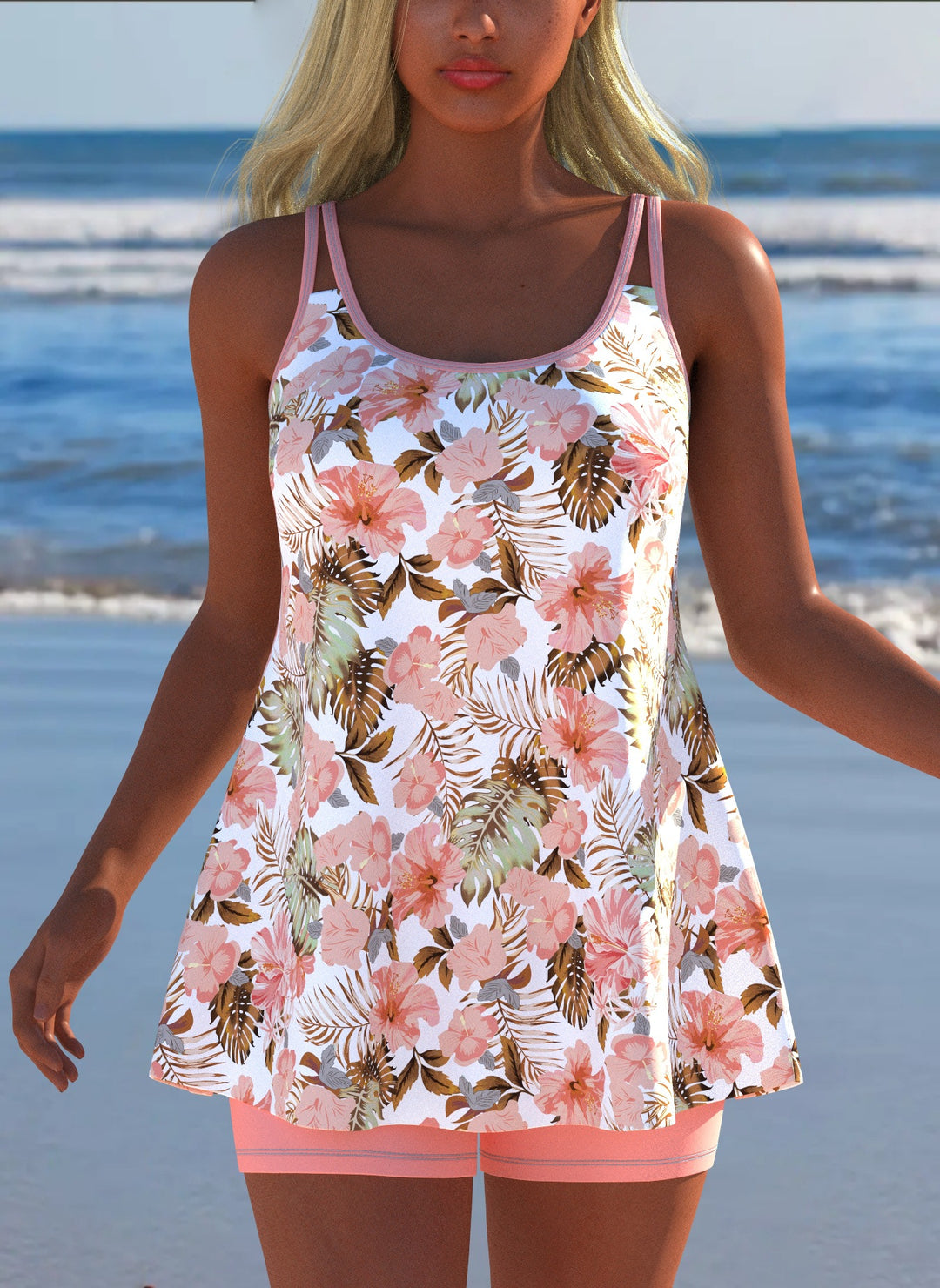 Damen Schwimmanzug in Plissee-Optik mit floralen Mustern und bequemen Shorts Drune