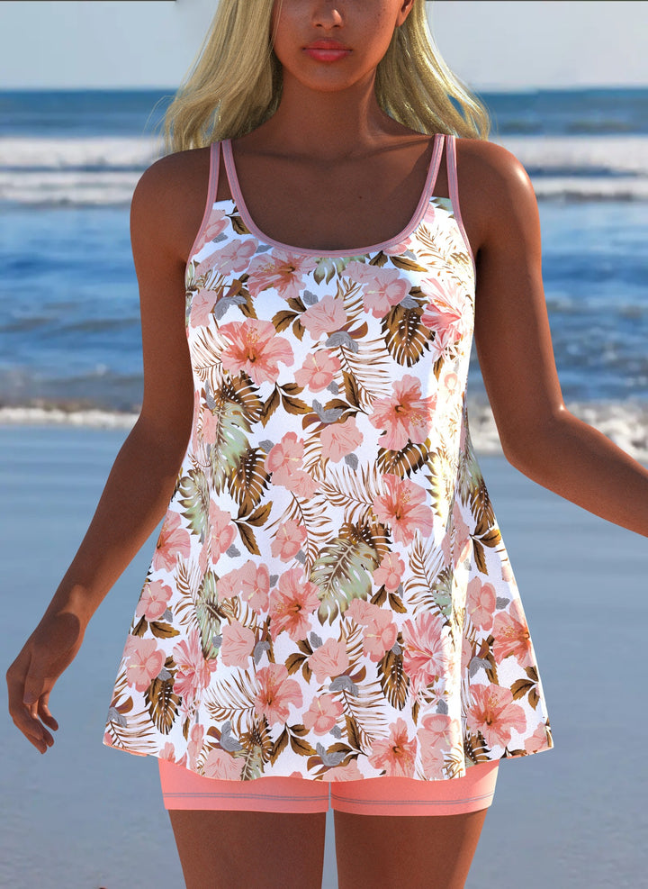 Damen Schwimmanzug in Plissee-Optik mit floralen Mustern und bequemen Shorts Drune