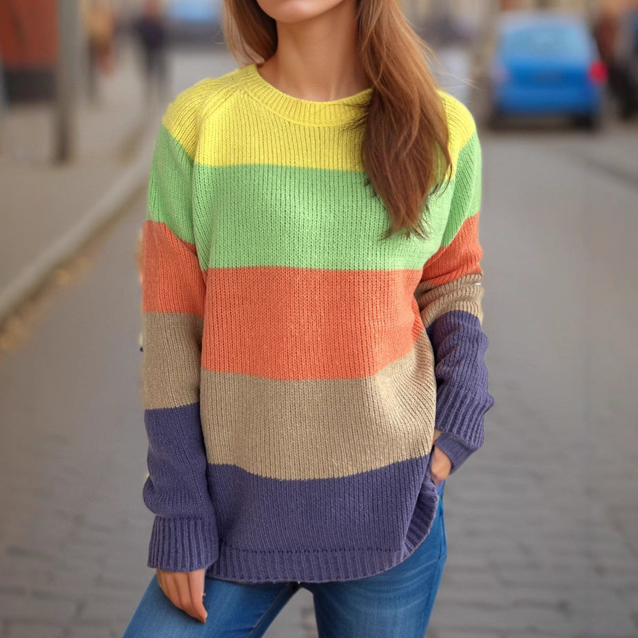 Damen gestreifter Strickpullover mit lässigem Schnitt und buntem Design Drune