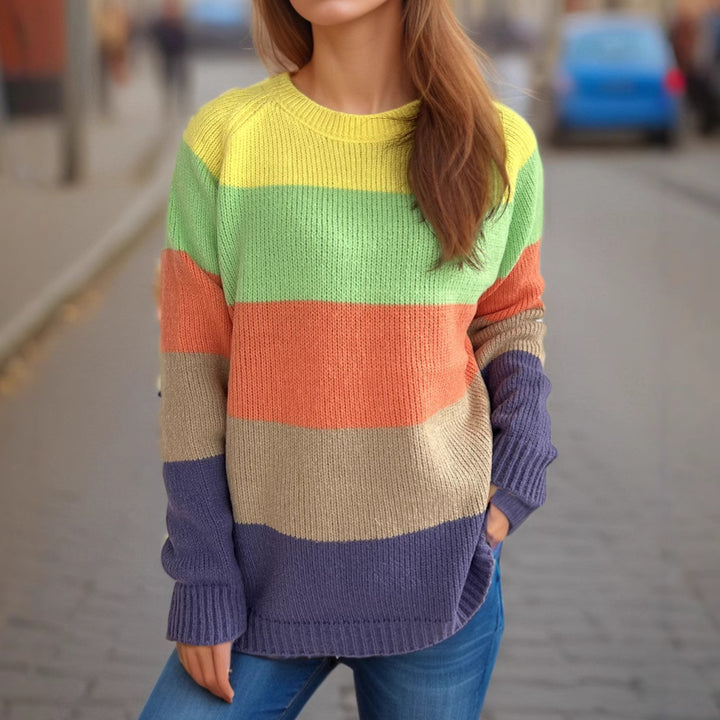 Damen gestreifter Strickpullover mit lässigem Schnitt und buntem Design Drune