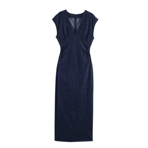 Damen Denim Maxikleid mit elegantem V-Ausschnitt und figurformender Silhouette Drune