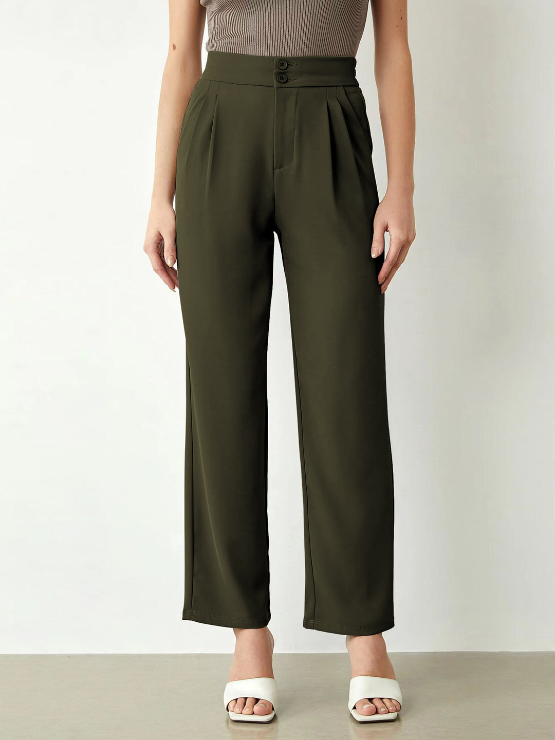 Damen elegante weite Stoffhose mit Bundfalten und hohem Taillenbündchen Drune