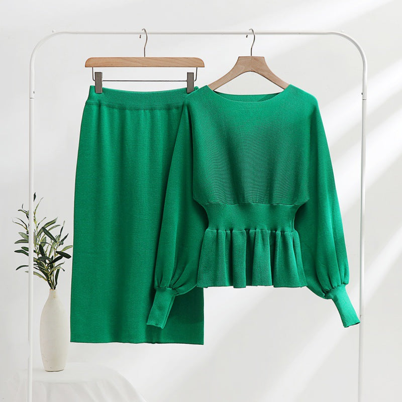 Damen elegantes Strickensemble mit Raffung und Ballonärmeln Drune