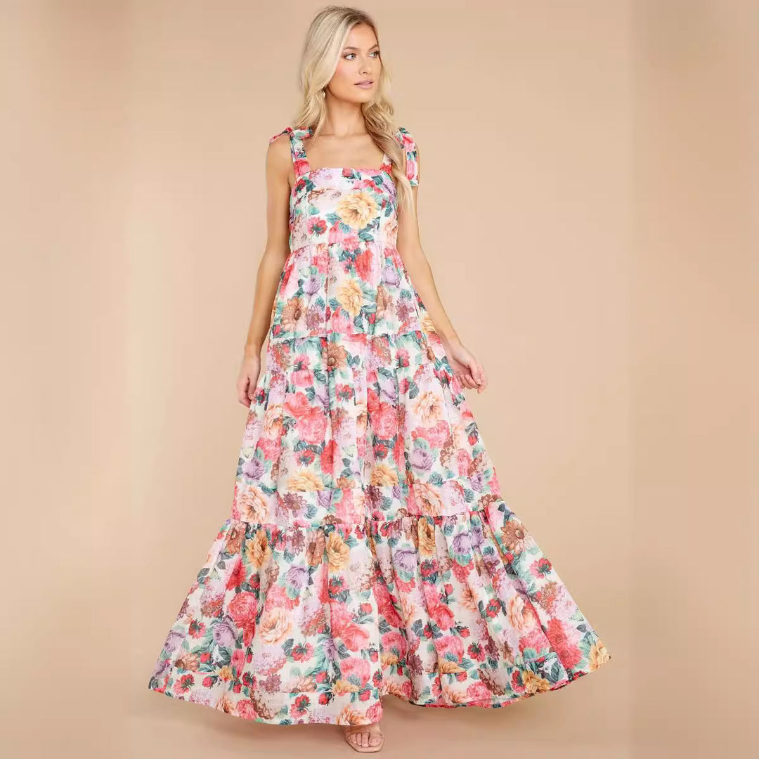 Damen Boho Maxikleid mit verspielten Rüschendetails und Trägern Drune