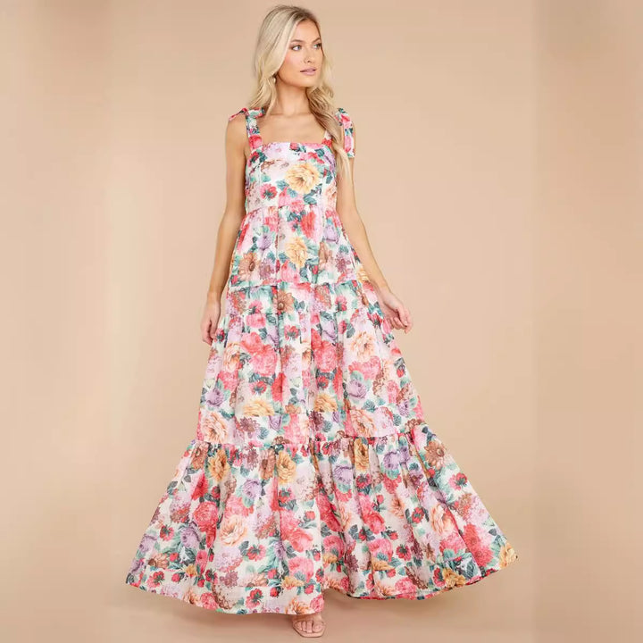 Damen Boho Maxikleid mit verspielten Rüschendetails und Trägern Drune