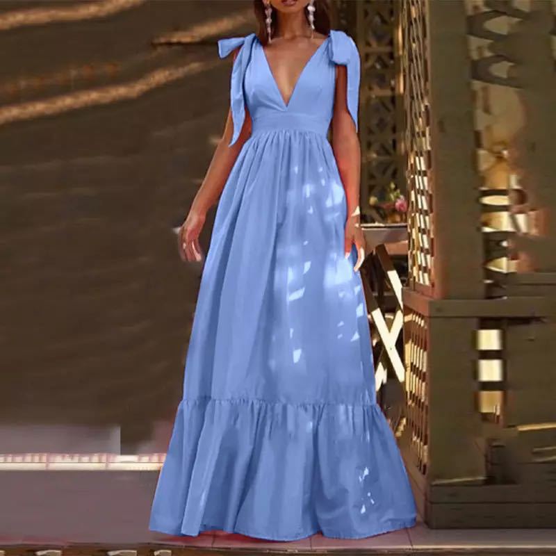 Damen Maxikleid mit festlichen Rüschendetails und tiefem V-Ausschnitt Drune