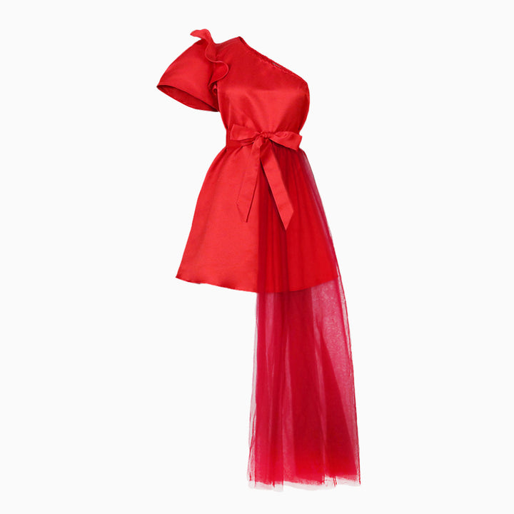 Damen Abendkleid mit asymmetrischem Oberteil und schwingendem Tüll-Akzent Drune