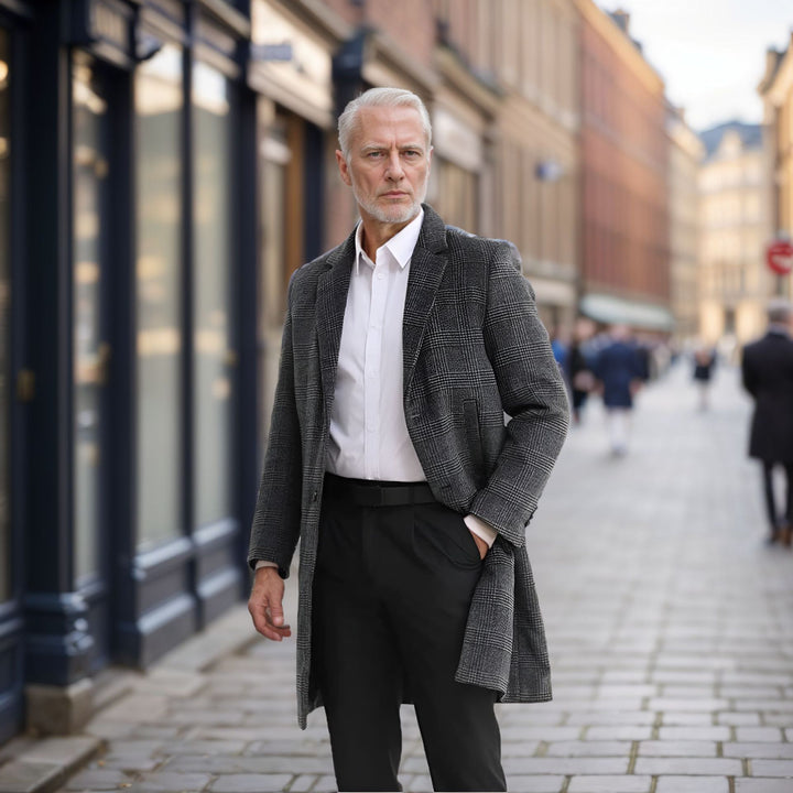 Herren eleganter klassischer Karomantel mit doppelter Knopfreihe Drune