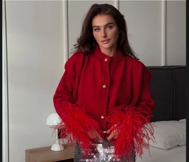 Damen Luxus Strickjacke mit federbesetzten Ärmeln Drune
