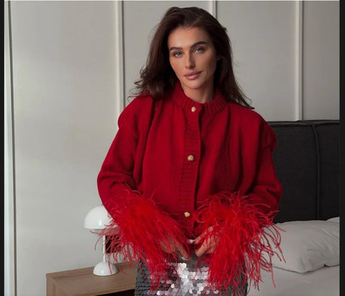 Damen Luxus Strickjacke mit federbesetzten Ärmeln Drune
