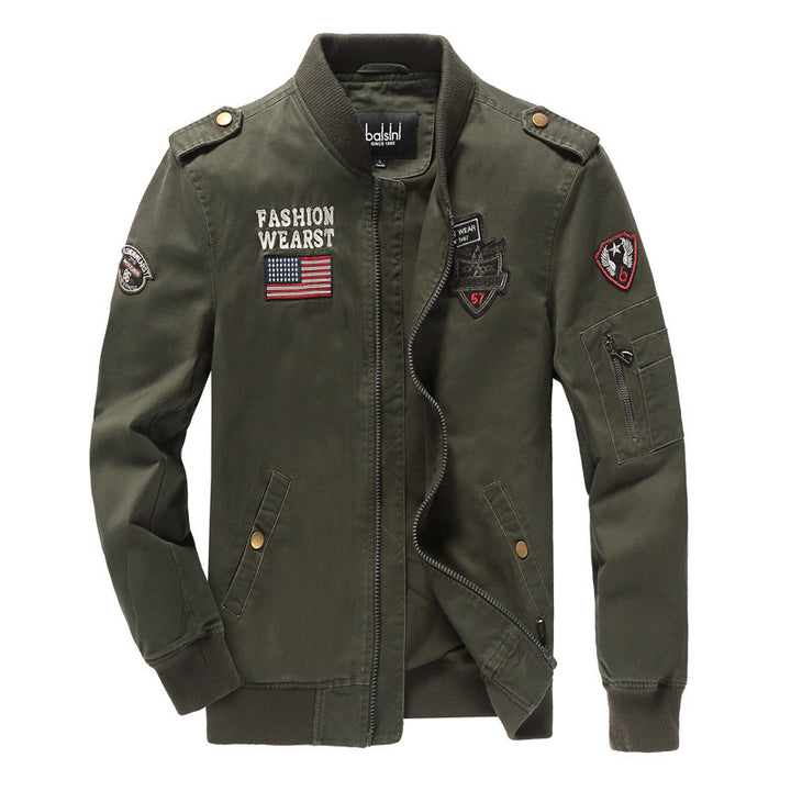 Herren nan militärisch inspirierte Bomberjacke mit gestickten Patches, Ärmel-Tasche und elastischen Rippbündchen Drune
