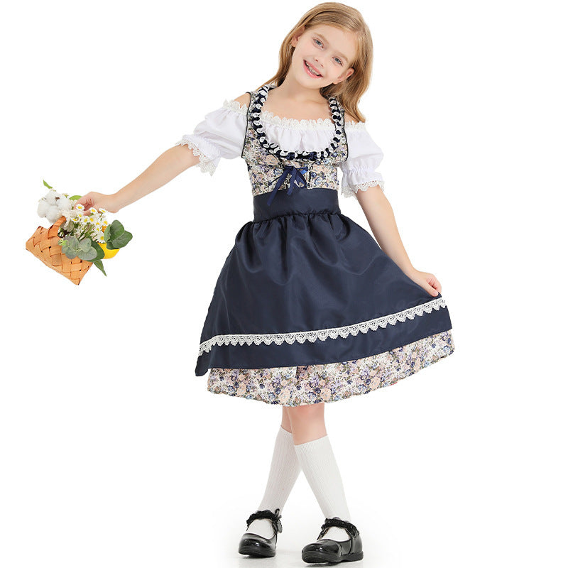 Damen nan kurzes Trachtenkleid mit floraler Miederstickerei, Schnürkorsage und Spitzen-Schürze Drune
