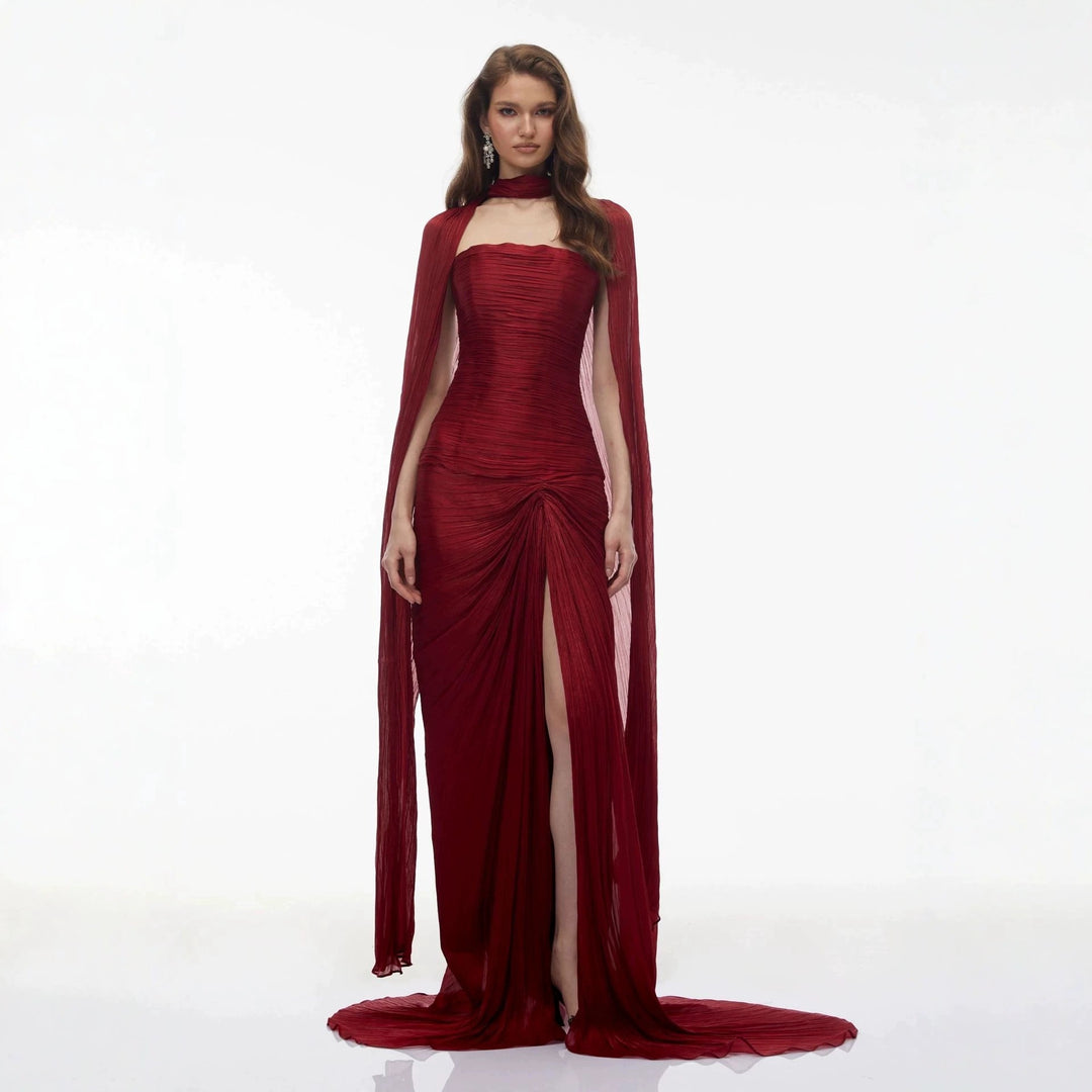 Damen Elegantes Maxikleid mit schulterfreier Silhouette und drapierter Cape-Optik Drune