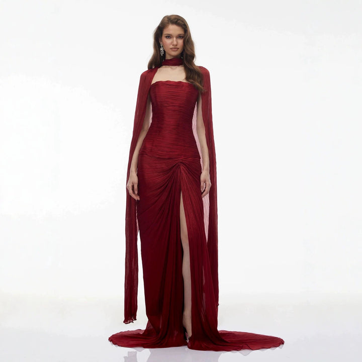 Damen Elegantes Maxikleid mit schulterfreier Silhouette und drapierter Cape-Optik Drune