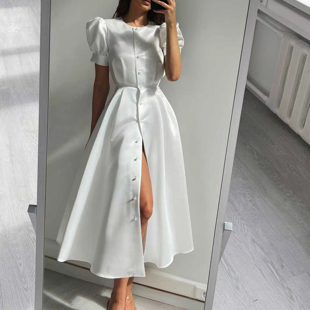 Damen Midi-Kleid mit Puffärmeln und schimmerndem Satin-Finish Drune