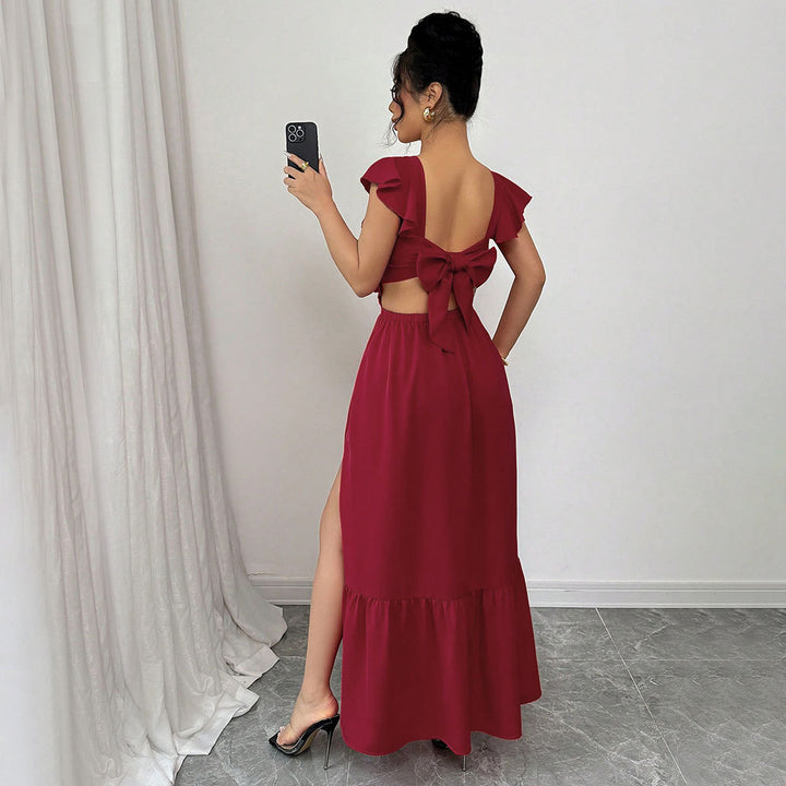 Damen Maxikleid mit voluminösen Rüschendetails und raffiniertem Rückenausschnitt Drune