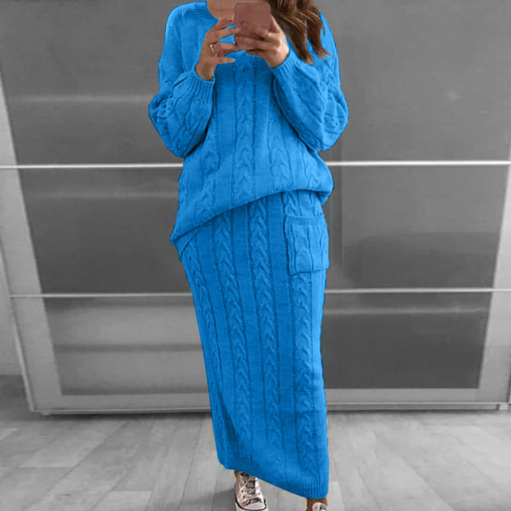 Damen nan Strickset Oversized Zopfmuster-Pullover und Maxi-Bleistiftrock mit aufgesetzter Tasche Drune