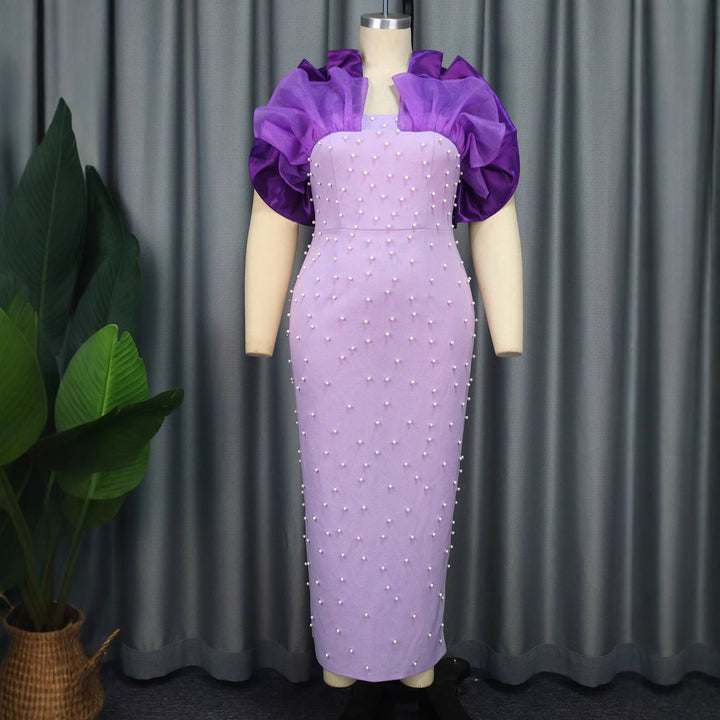 Damen Elegantes Körperbetontes Kleid mit Puffärmeln und Perlenverzierungen Drune
