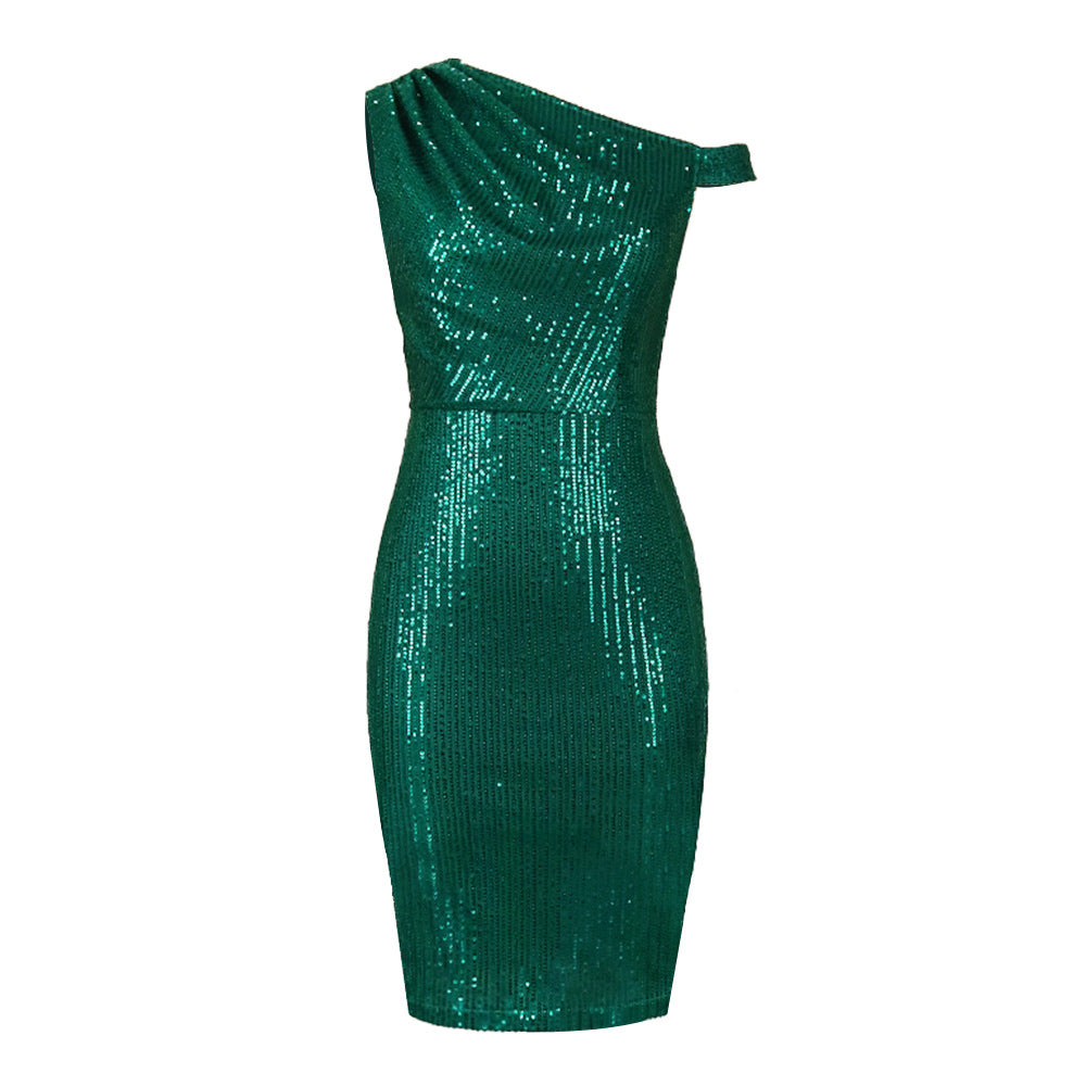 Damen figurbetontes Cocktailkleid mit asymmetrischem Schnitt und glitzerndem Stoff Drune