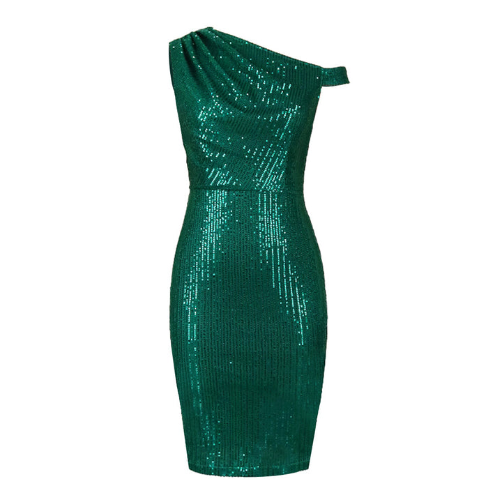Damen figurbetontes Cocktailkleid mit asymmetrischem Schnitt und glitzerndem Stoff Drune