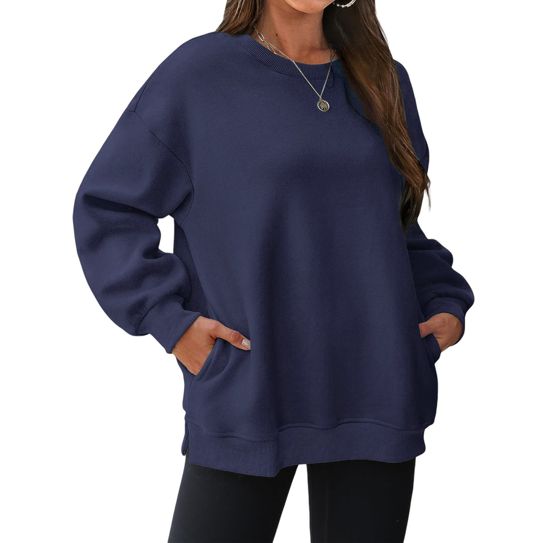 Damen nan verlängertes Oversize Rundhalspullover mit seitlichen Eingrifftaschen, Rippbündchen und überschnittener Schulter Drune