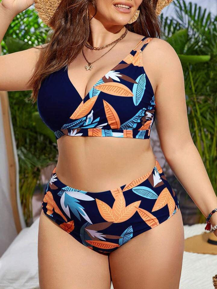 Damen Hochgeschnittener Bikini mit Wickeldesign und floralem Muster Drune