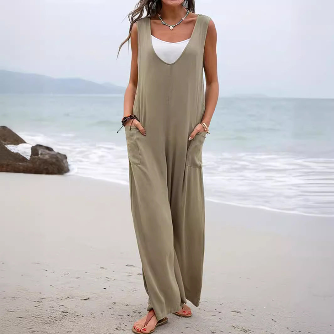Damen Lässiger weite Jumpsuit mit V-Ausschnitt und praktischen Taschen Drune