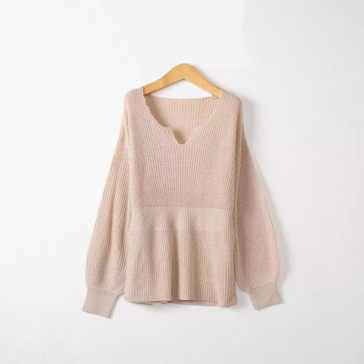 Damen Grobstrickpullover mit tiefem V-Ausschnitt und lässigem Schnitt Drune