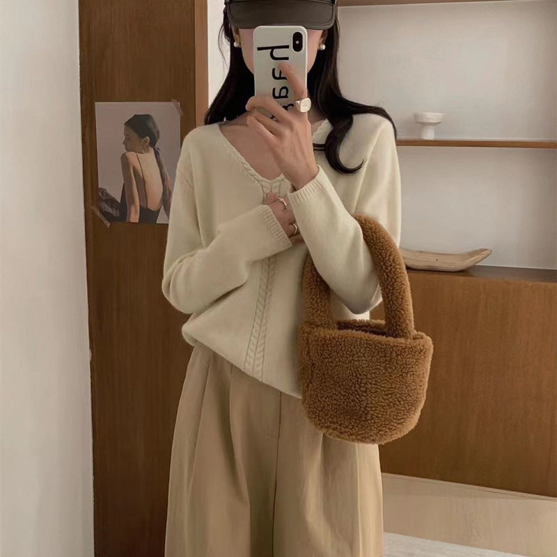 Damen Eleganter V-Ausschnitt Pullover mit feinem Zopfmuster Drune