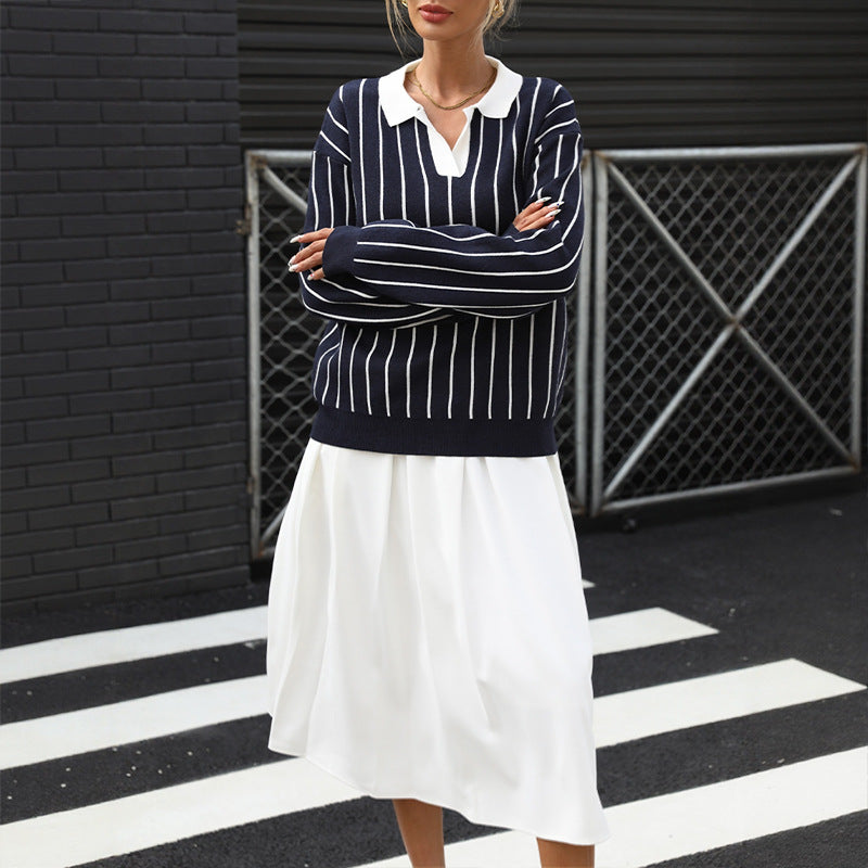 Damen Sportlicher Pullover mit kontrastierenden Streifen und klassischen Kragen Drune