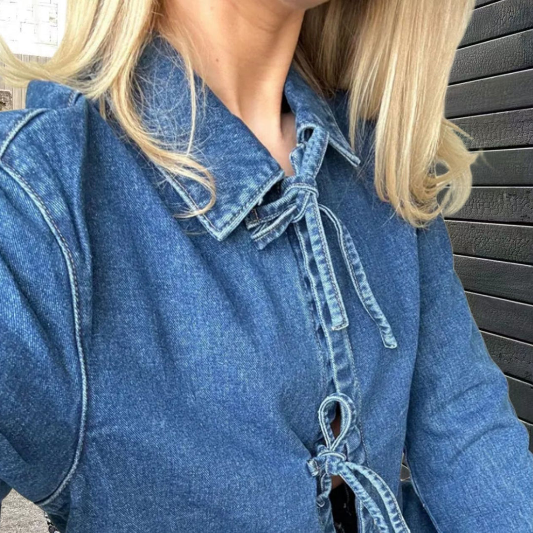 Damen Jeansjacke mit dekorativen Schleifen und praktischen Taschen Drune