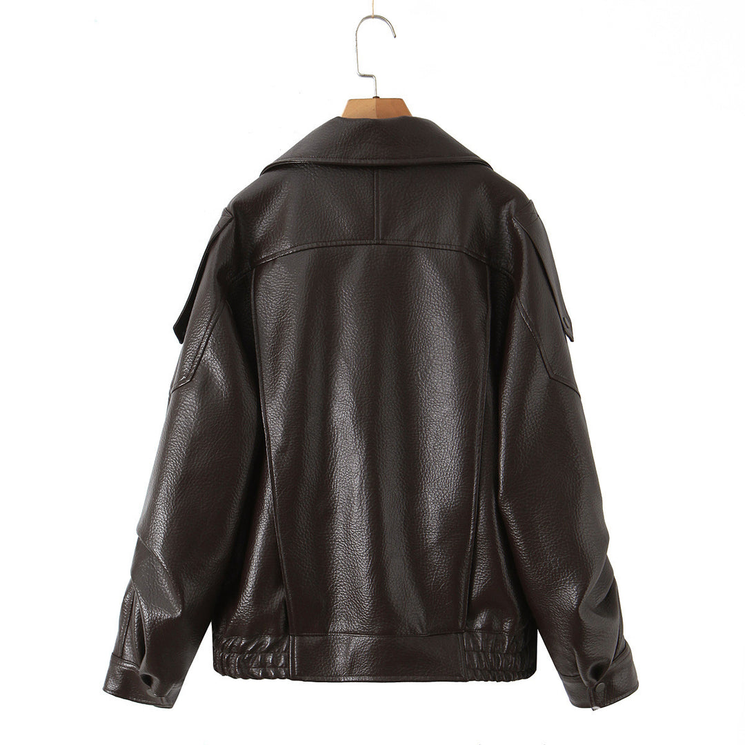 Damen Modische Kunstlederjacke mit erotischem Revers und elastischem Saum Drune