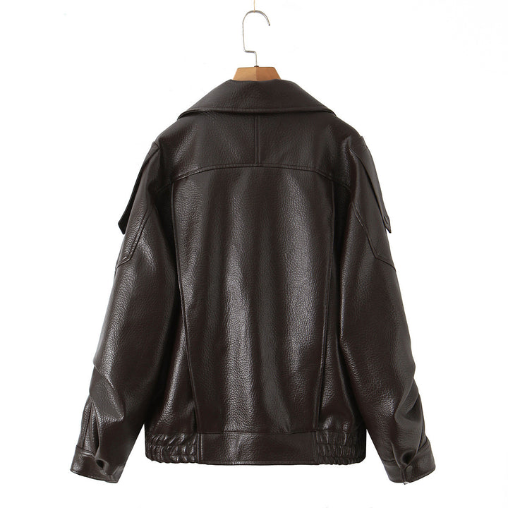 Damen Modische Kunstlederjacke mit erotischem Revers und elastischem Saum Drune