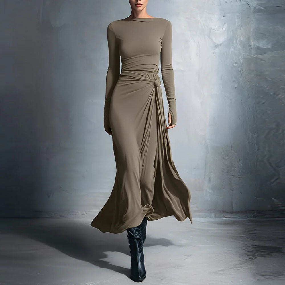 Damen elegantes Abendkleid mit langem Arm und Wickeldesign Drune