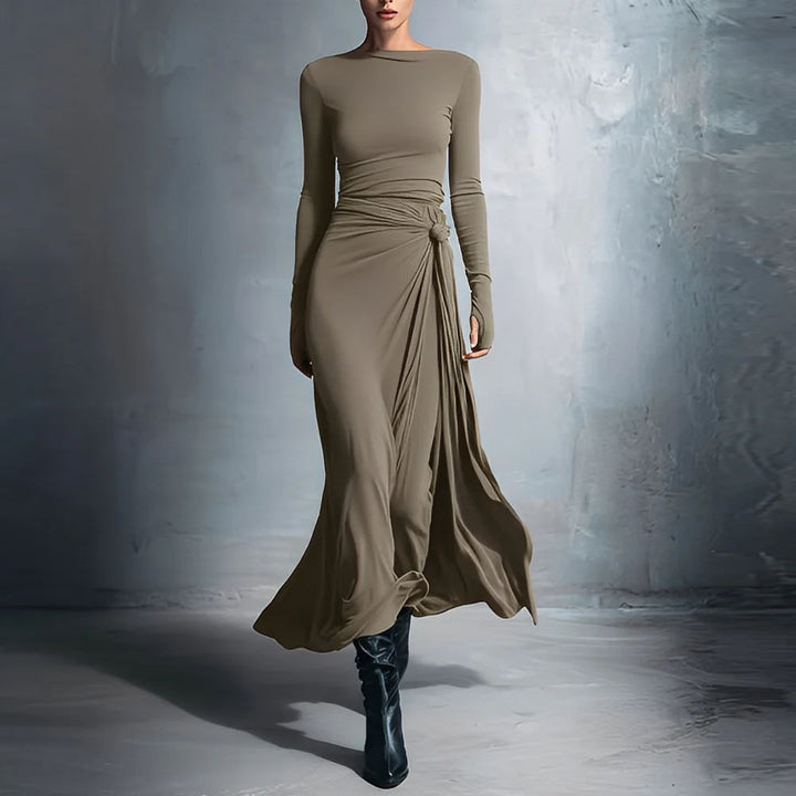 Damen elegantes Abendkleid mit langem Arm und Wickeldesign Drune