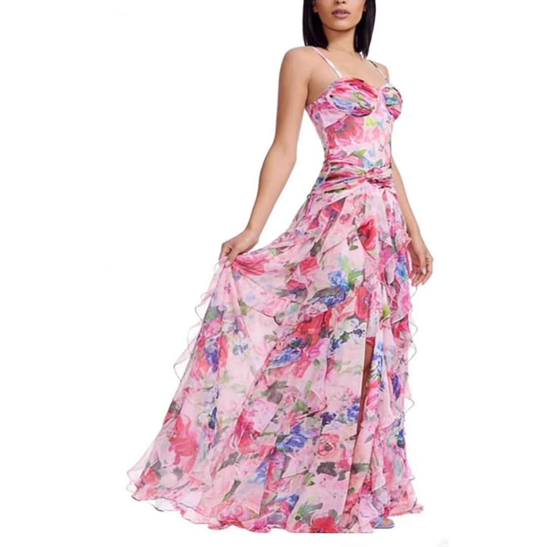 Damen Maxikleid mit floralen Rüschen und trägerlosem Oberteil Drune