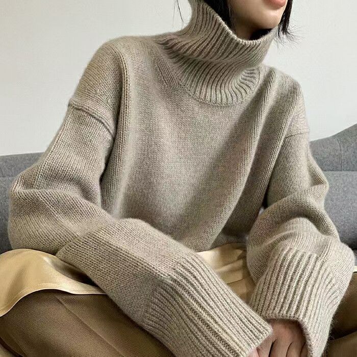 Damen modischer Rollkragenpullover mit weiten Ärmeln und Rippstruktur Drune