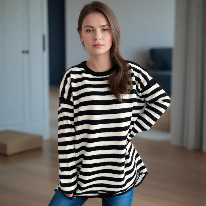 Damen lässiger Oversize-Pullover mit breiten Streifen Drune