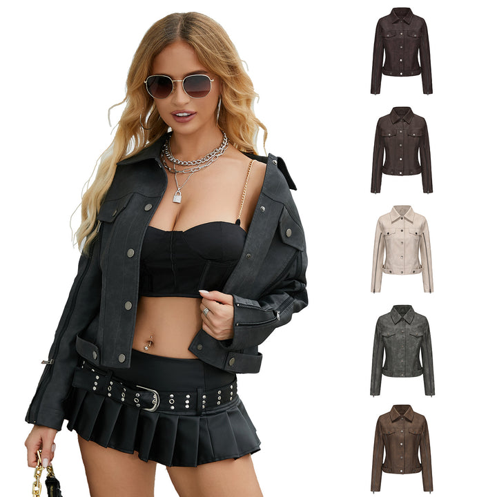 Damen modische Shortjacke aus Kunstleder mit Reißverschlussdetails Drune