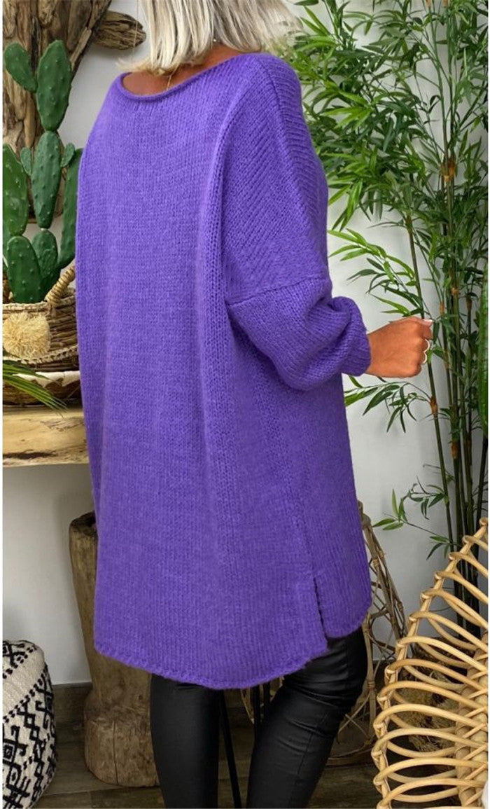 Damen lässiger Langarmstrickpullover im Oversized-Stil mit seitlichen Schlitzen Drune