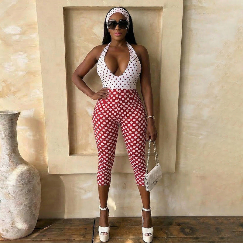 Damen Polka-Dot Jumpsuit mit tiefem V-Ausschnitt und elastischem Material Drune