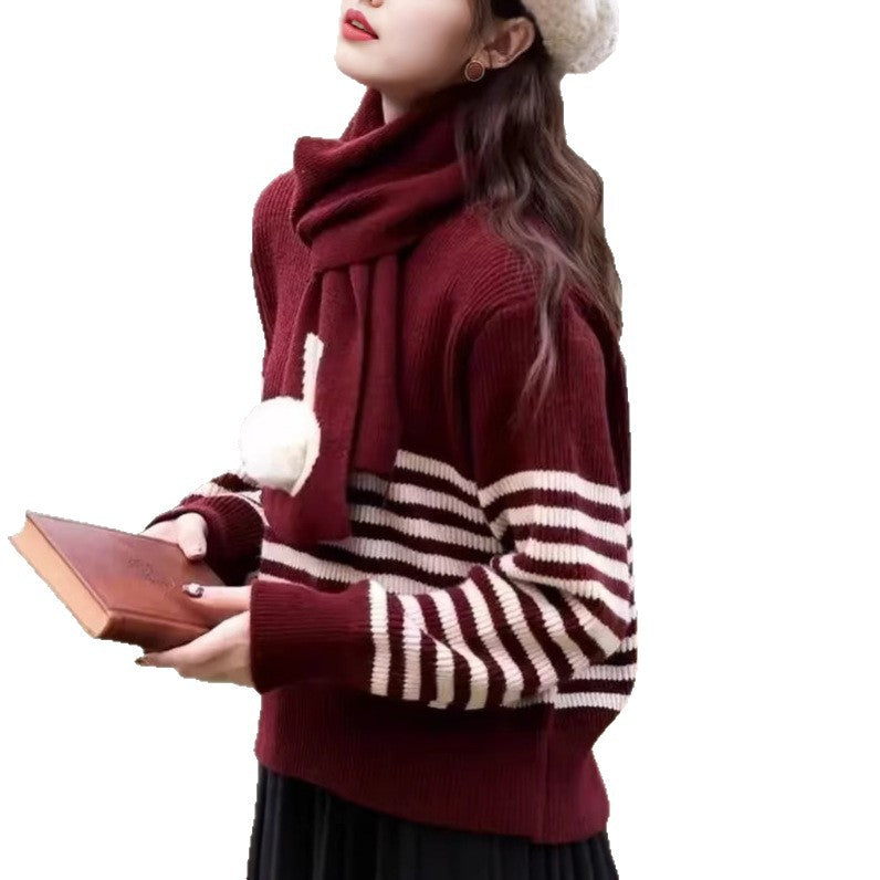 Damen gemütlicher Strickpullover mit hohem Kragen und auffälligen Streifen Drune