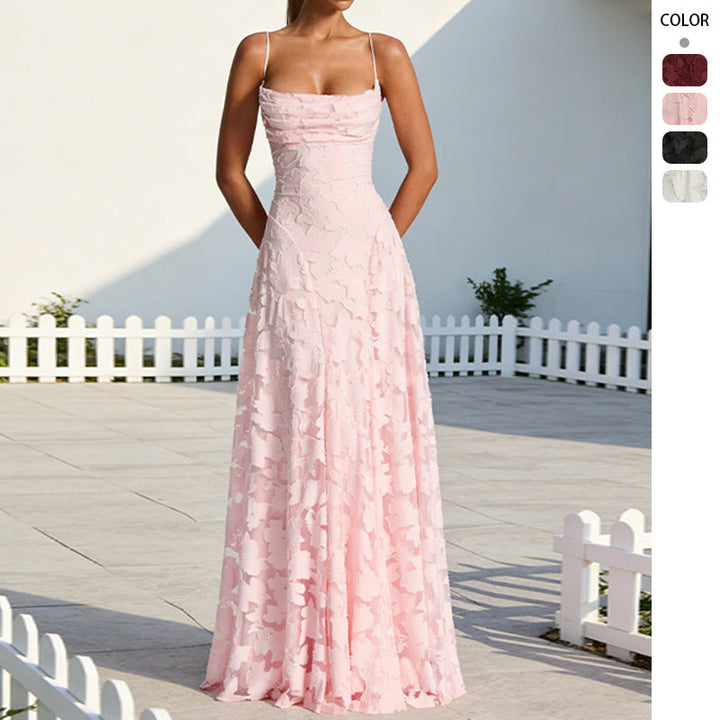 Damen Elegantes Maxikleid mit floralem Spitze-Design und verstellbaren Spaghettiträgern Drune