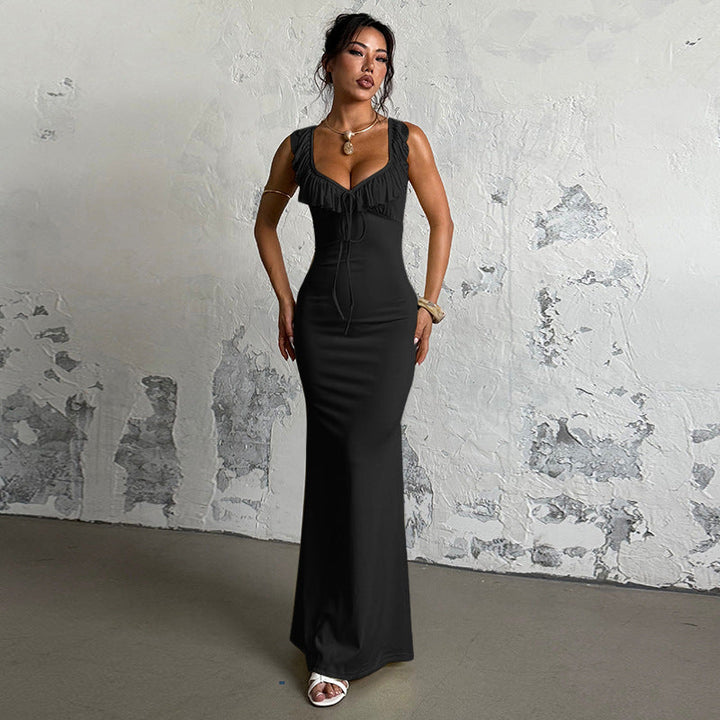 Damen figurbetontes Maxikleid mit Rüschendetails und V-Ausschnitt Drune