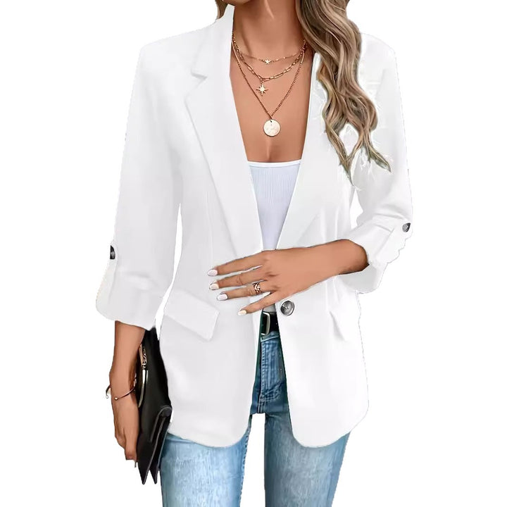 Damen nan taillierter Business-Blazer mit verkürzten Ärmeln umgeschlagenen Manschetten und dekorativen Knöpfen Drune