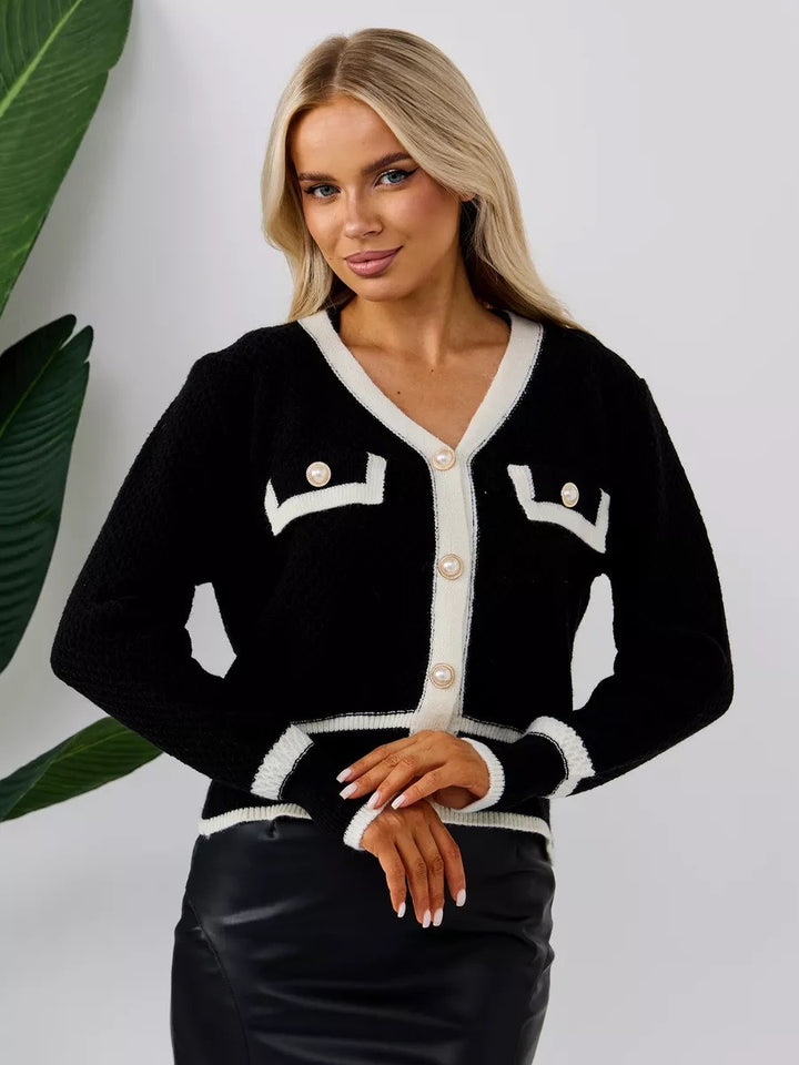 Damen modische Strickjacke mit eleganten Perlenknöpfen und Taschen Drune